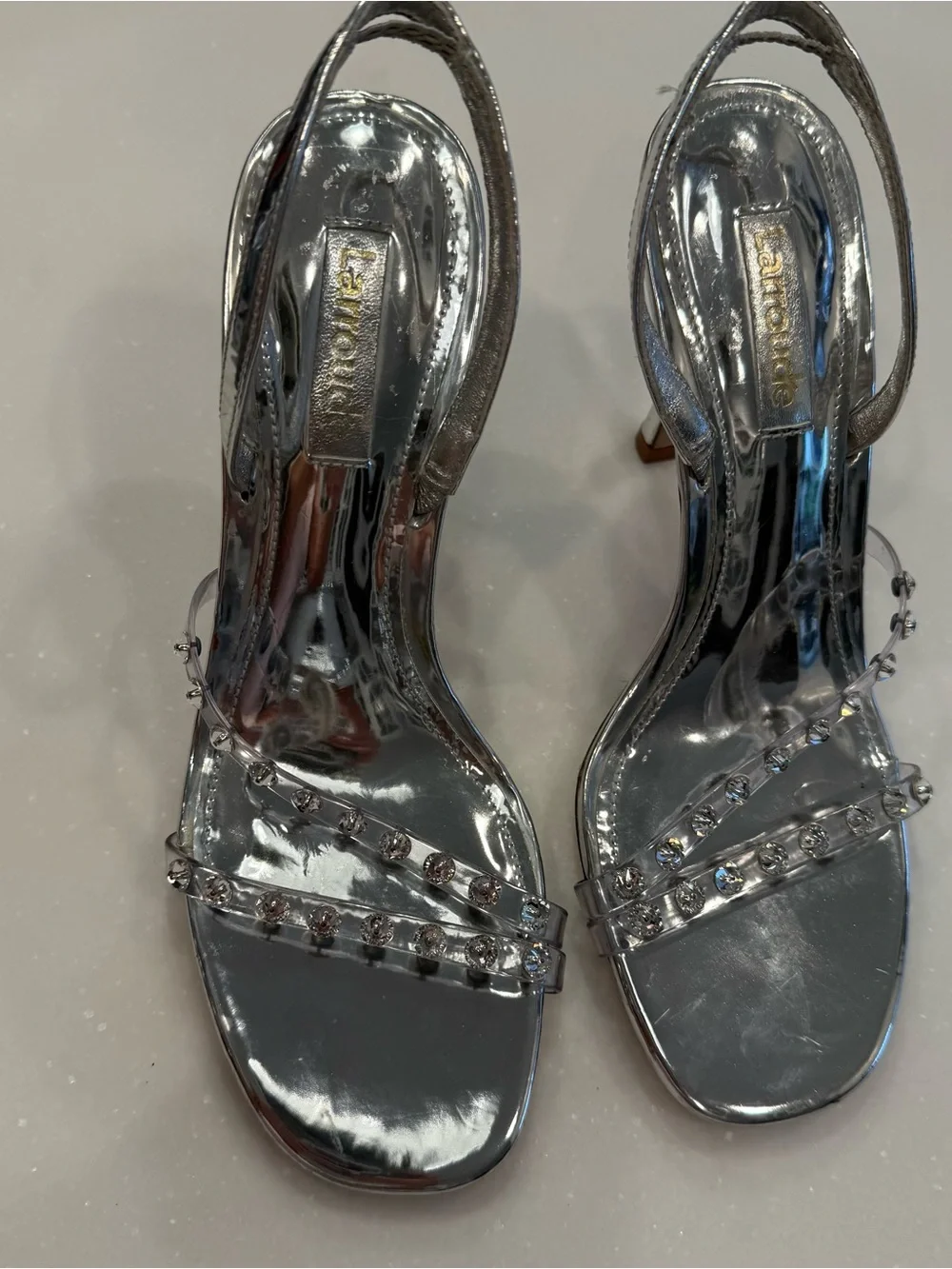 LARROUDE Annie Sandals Silver Swarovski Crystals Slingback Heels Sz 6.5 NEW